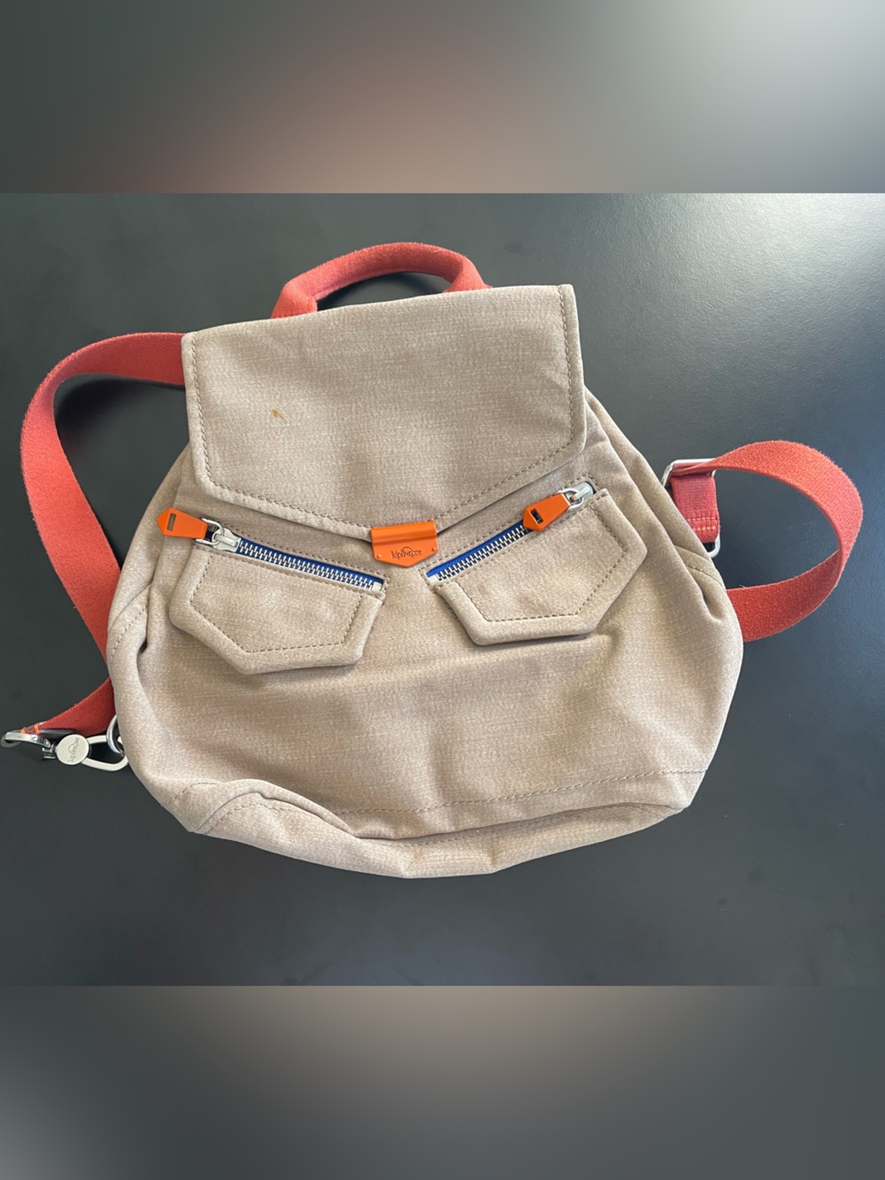 Kipling Beige Canvas Mini Backpack with Orange Accents